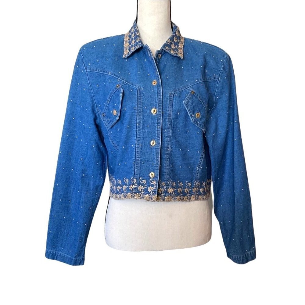 Vintage 80s embroidered floral‎ gold button up cropped denim jacket women size M